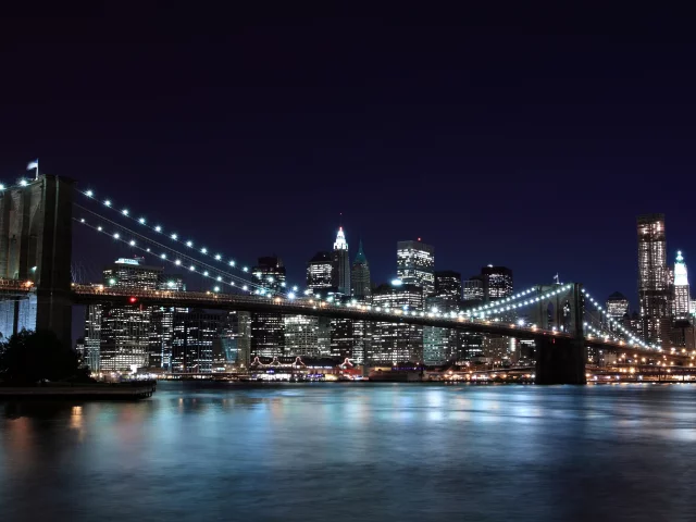 new york, город, нью-йорк, бруклинский мост, огни, brooklyn bridge, ночь