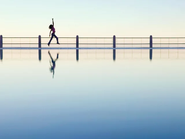 мост, бег, отражение, радость, вода