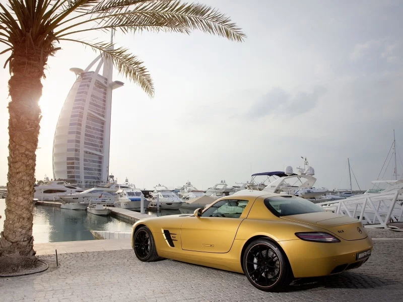 dubai, car, burj al arab, mercedes bens sls