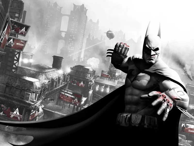 batman, готэм, кровь, бэтмен, город, кулак, arkham city, дирижабль
