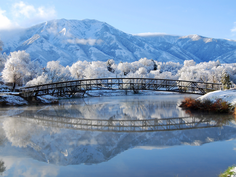 иней, снег, мост, река, зима, природа, горы