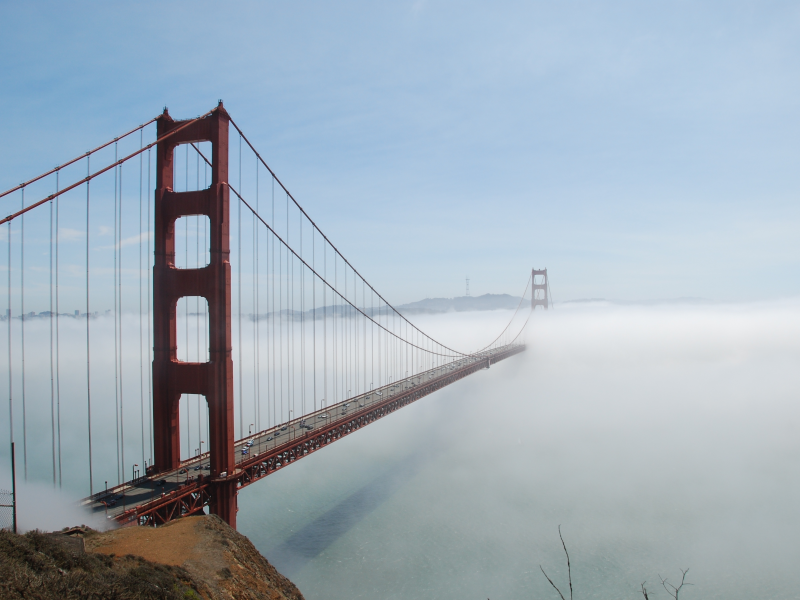 bridge, fog, sky