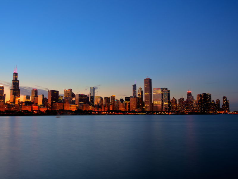 закат, небоскребы, Чикаго