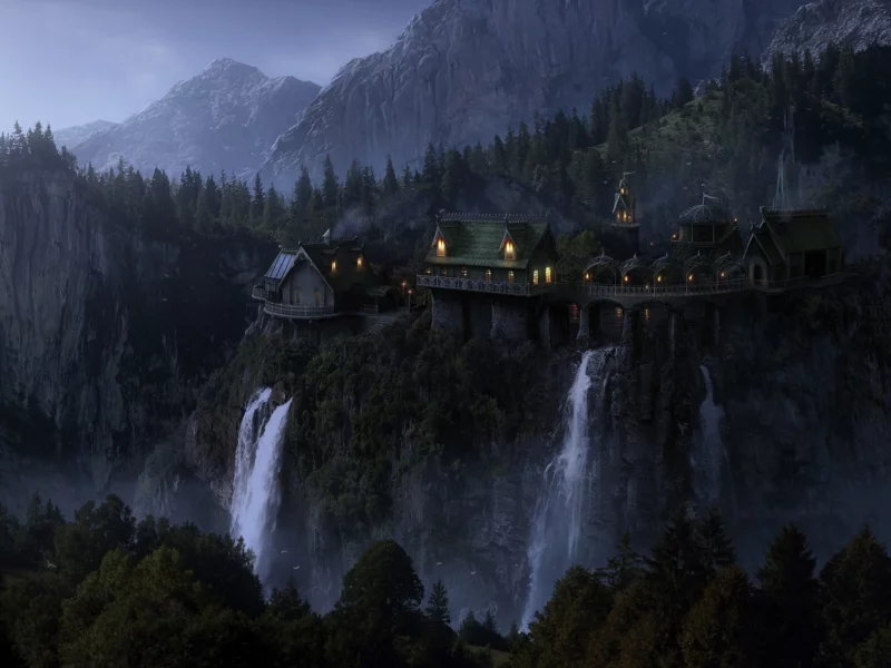 имладрис, mountains, властелин колец, imladris, водопады,, waterfalls, elven castle, trees, ривенделл, evening, fantasy, фэнтези, rocks, the lord of the rings, эльфийский замок, замок элронда, rivendell, lights, elven wood, birds, огни