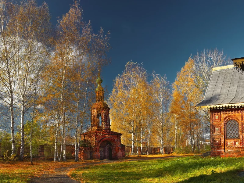 осень, храм, деревья, природа