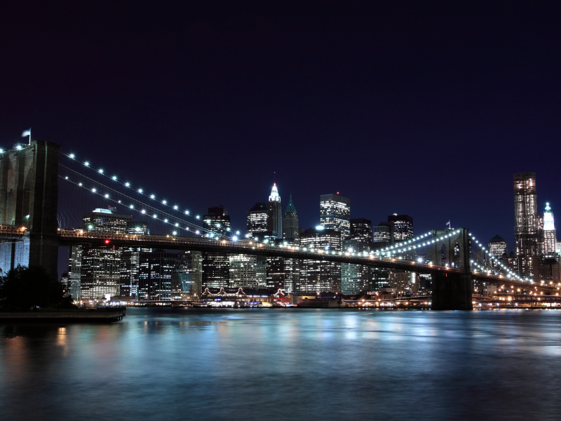 new york, город, нью-йорк, бруклинский мост, огни, brooklyn bridge, ночь