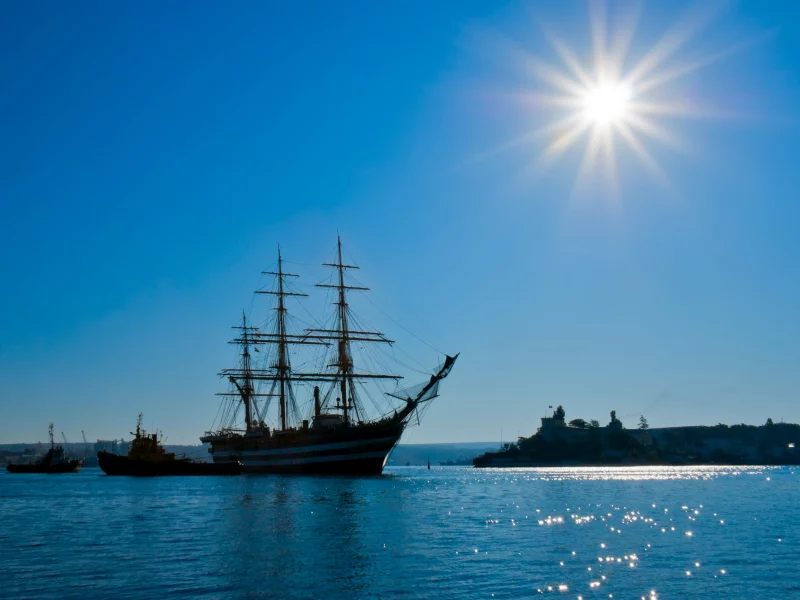 корабль, море, солнце, небо