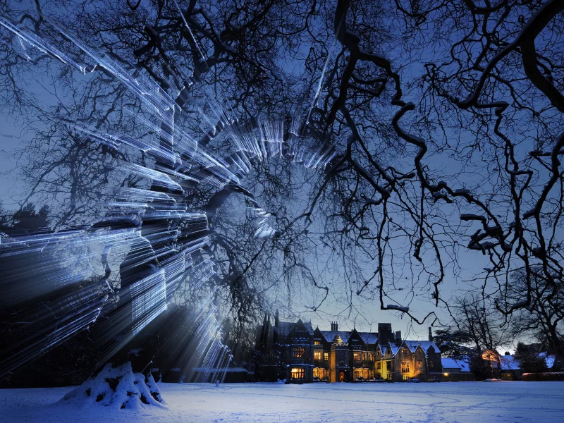 Bibury-court, зима, снег, огни, дома, англия
