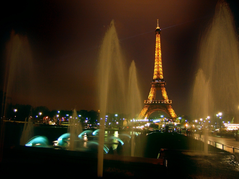 эйфелева башня, париж, фонтан, ночь