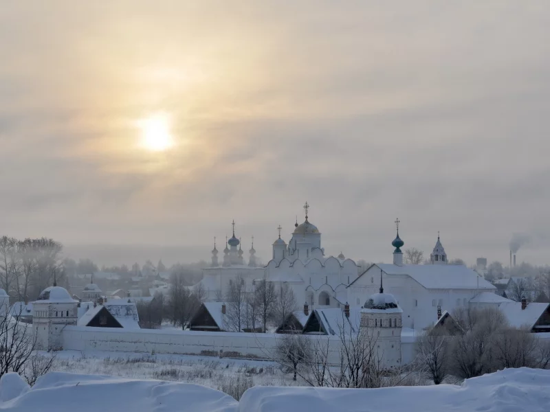 природа, закат, зима, храм, снег
