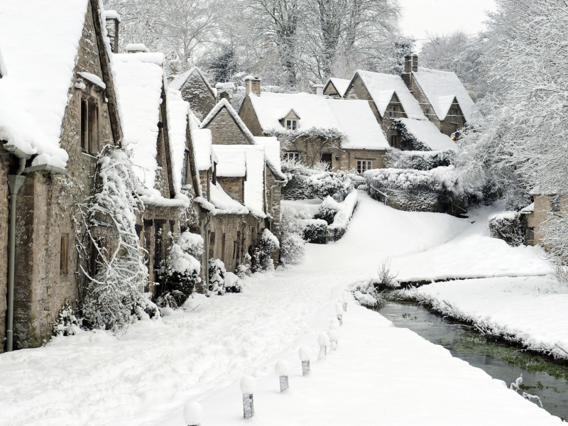 Bibury, снег, деревушка, англия, зима