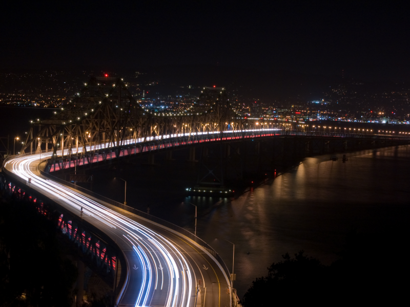 мост, ночь, дорога, река