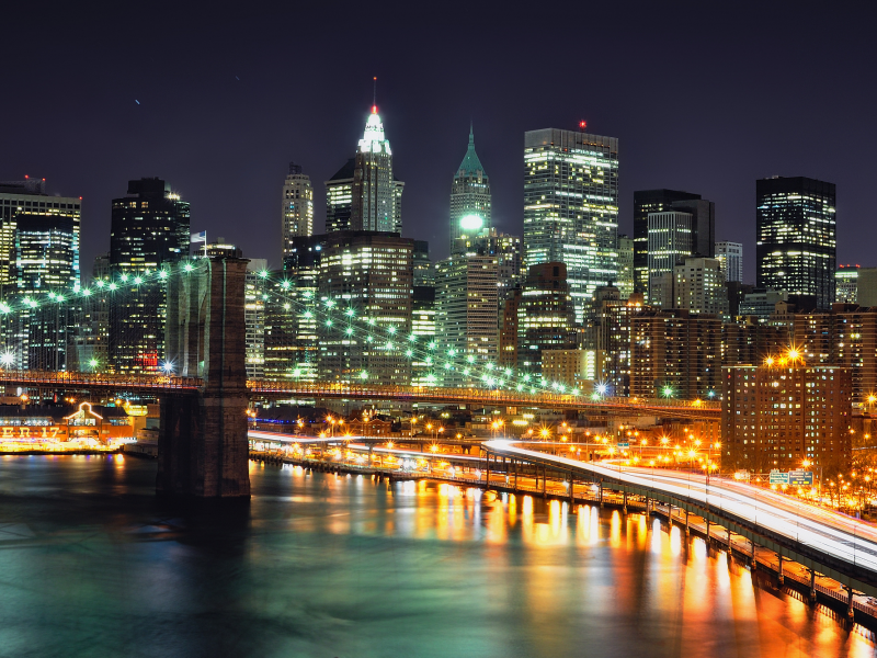 огни, ночь, мост, нью-йорк, небоскребы