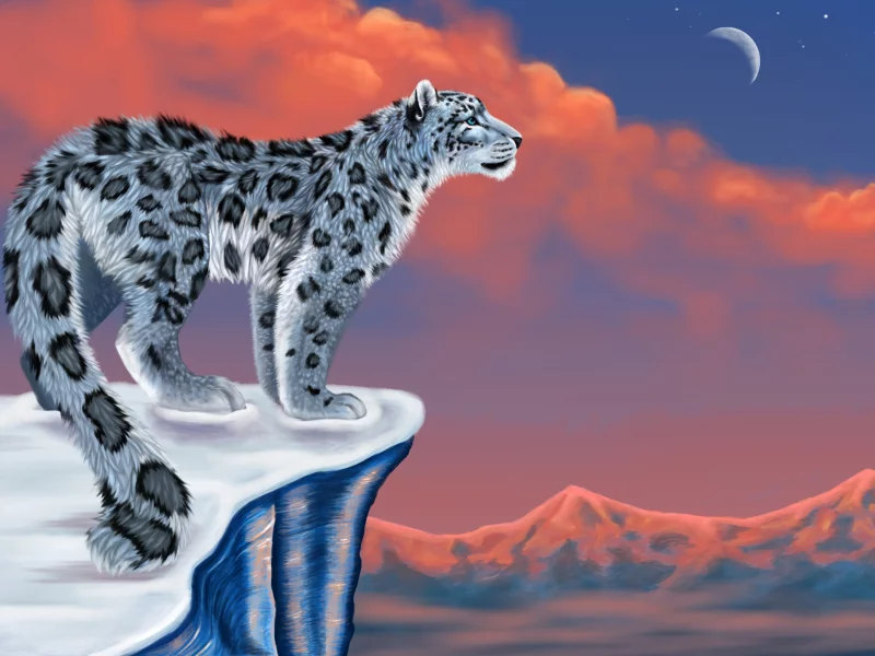 снег, луна, рисунок, горы, ирбис, снежный барс