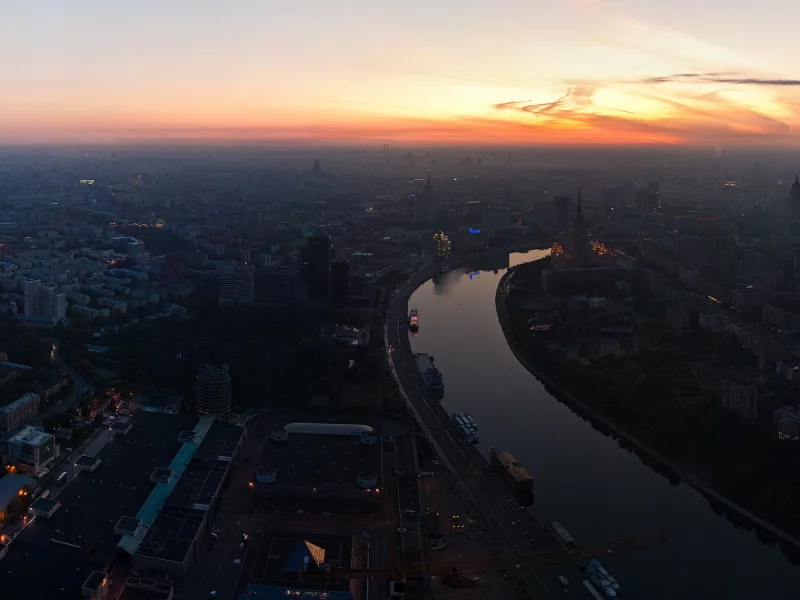 утро, панорама, река, дома, москва, небо