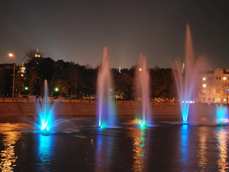 москва, река, фонтаны, ночь, огни