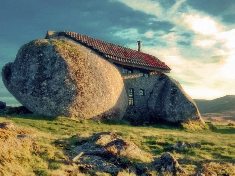 камень, камни, трава, природа, закат, дом