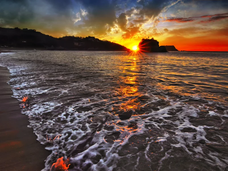 волны, закат, море