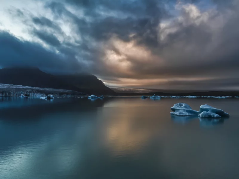 море, Закат, тучи, льдины, природа, пейзаж, горы, Исландия, небо, iceland