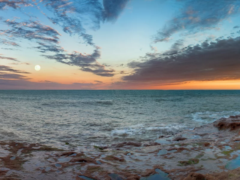 луна, рассвет, море