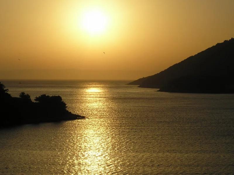 закат, море, пейзаж, горы