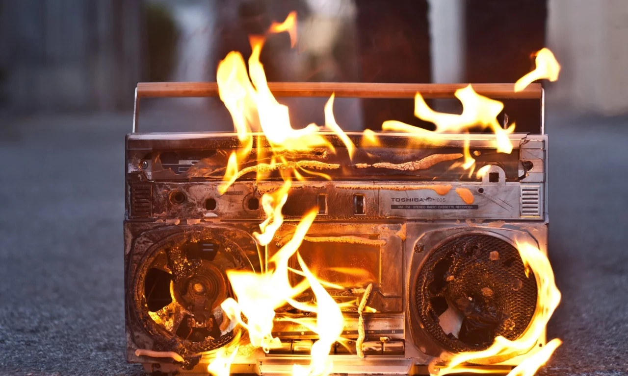 on, fire, boombox
