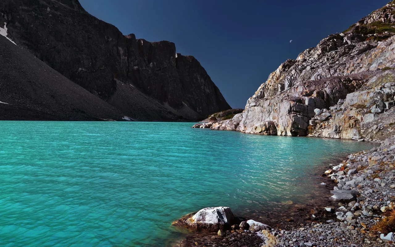 горы, вода, месяц