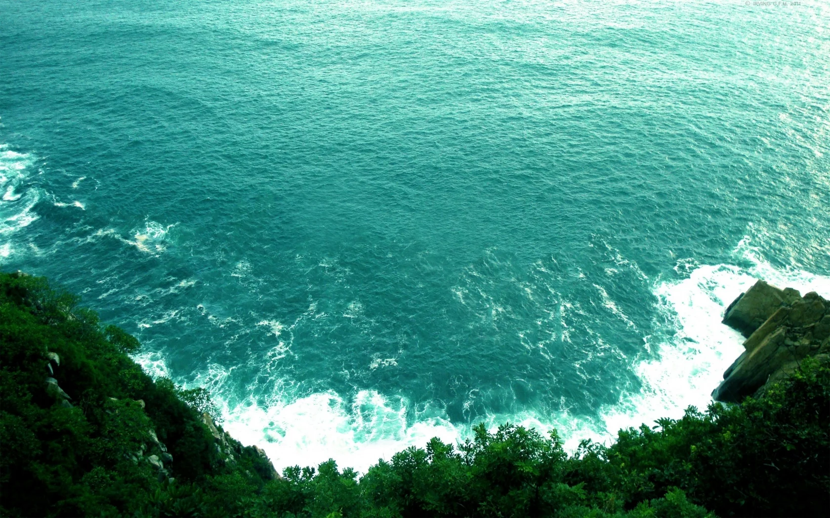 зелень, море, вода, волны, обрыв
