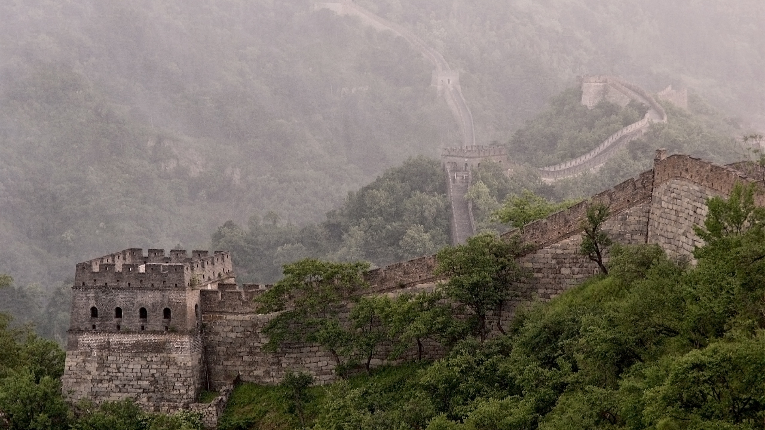 великая китайская стена, башня, облака, китай, зелень, лес, туман, пейзаж