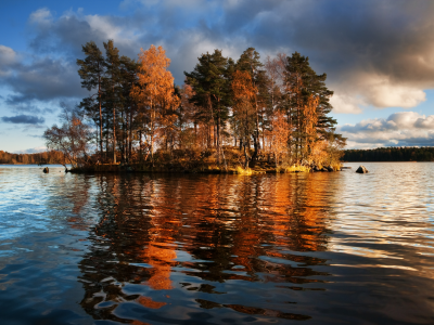 вода, озеро, остров, деревья, осень
