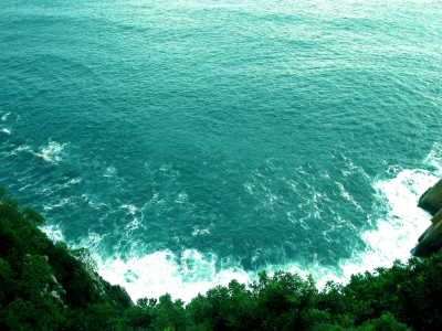 зелень, море, вода, волны, обрыв