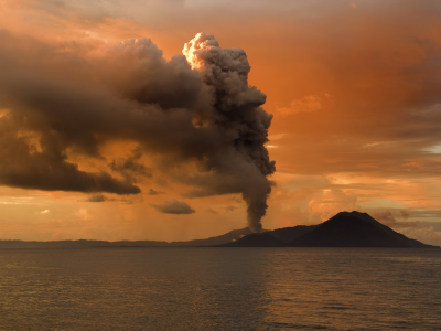 пепел, море, вулкан, выброс, извержение, гора