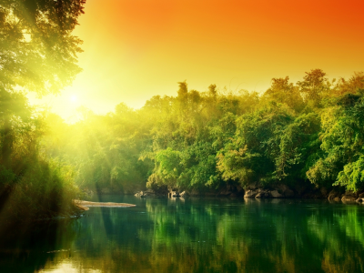 вода, солнце, деревья, красочно, отражение