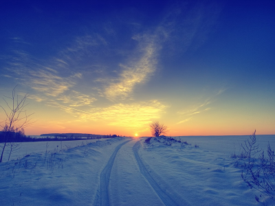 пейзажи, снег, дорога, следы, солнце, закат