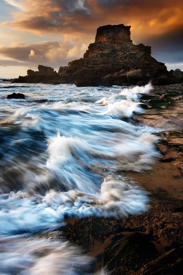 скалы, волны, море, закат