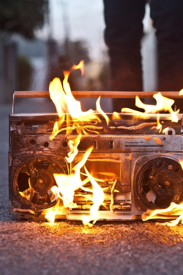 on, fire, boombox