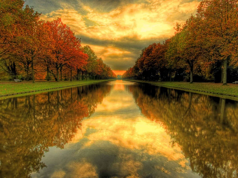 скамейки, парк, зелень, канал, вода, hdr, небо, деревья, горизонт