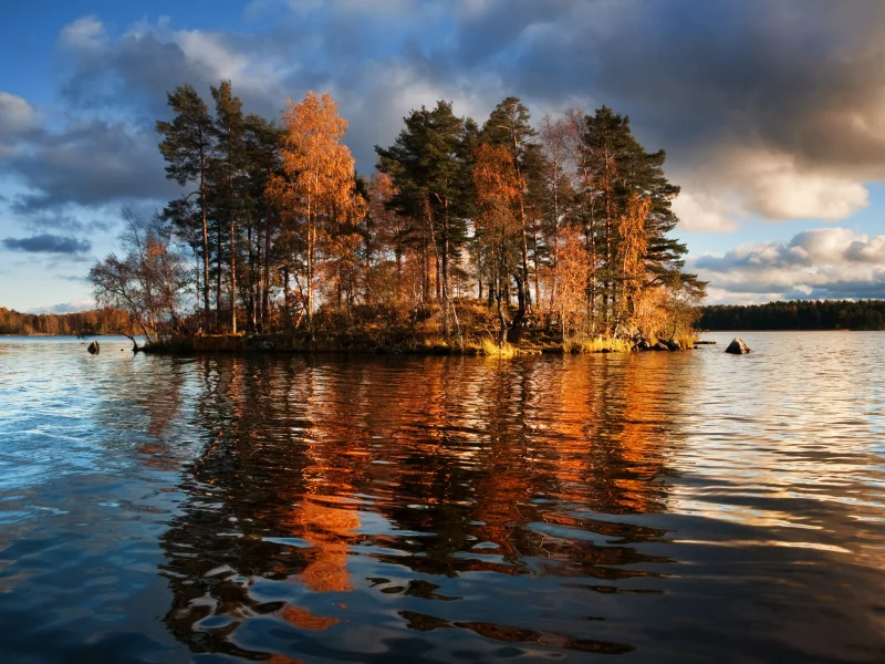 вода, озеро, остров, деревья, осень
