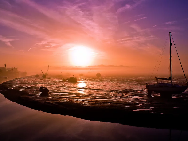 пейзаж, утро, море, туман, яхта, рассвет