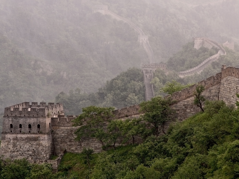 великая китайская стена, башня, облака, китай, зелень, лес, туман, пейзаж