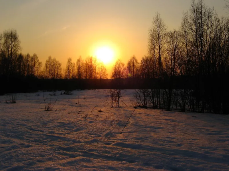 закат, снег