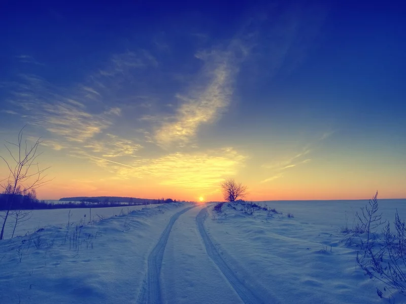 пейзажи, снег, дорога, следы, солнце, закат