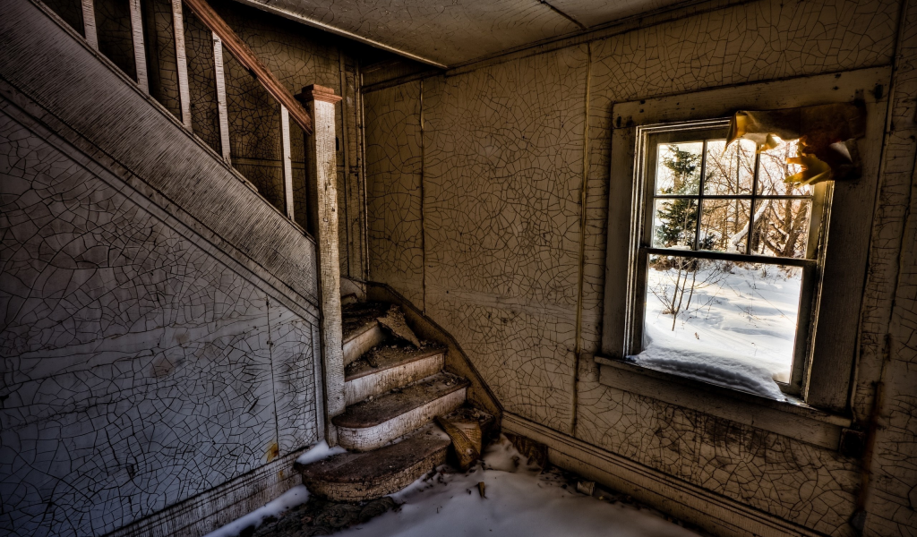снег, окно, лестница, комната, развалины