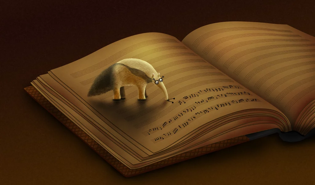 ноты, книга, муравьед