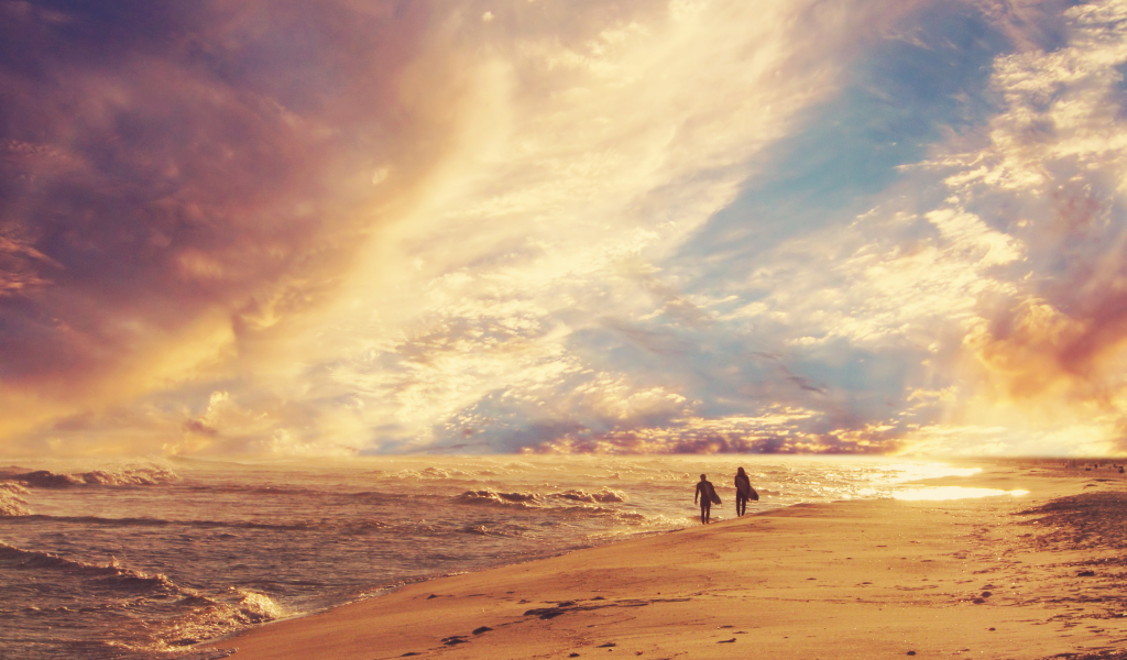 прогулка, пляж, волны, горизонт, море, небо, берег, люди, песок, серфинг