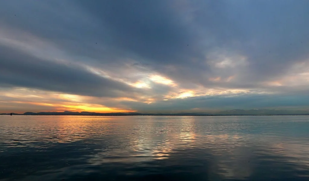 облака, горизонт, вода, закат