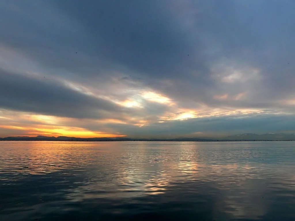 облака, горизонт, вода, закат