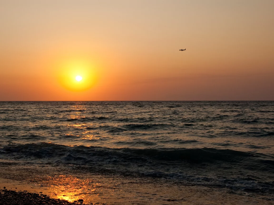 закат, море, побережье, сомолет