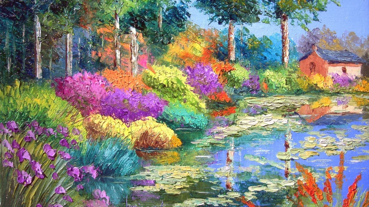 дерево, природа, пейзаж, домик, разноцветные, цветы, радуга, яркие, деревья, дом