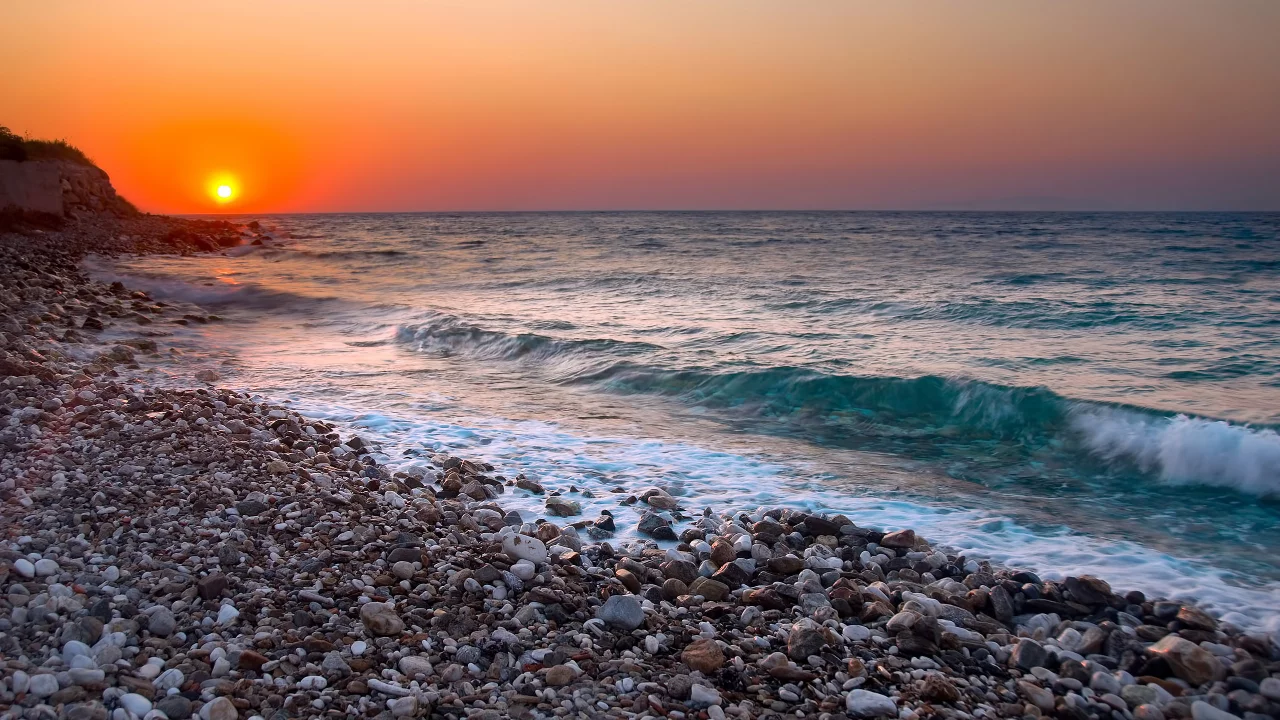 галька, горизонт, закат, море, волны